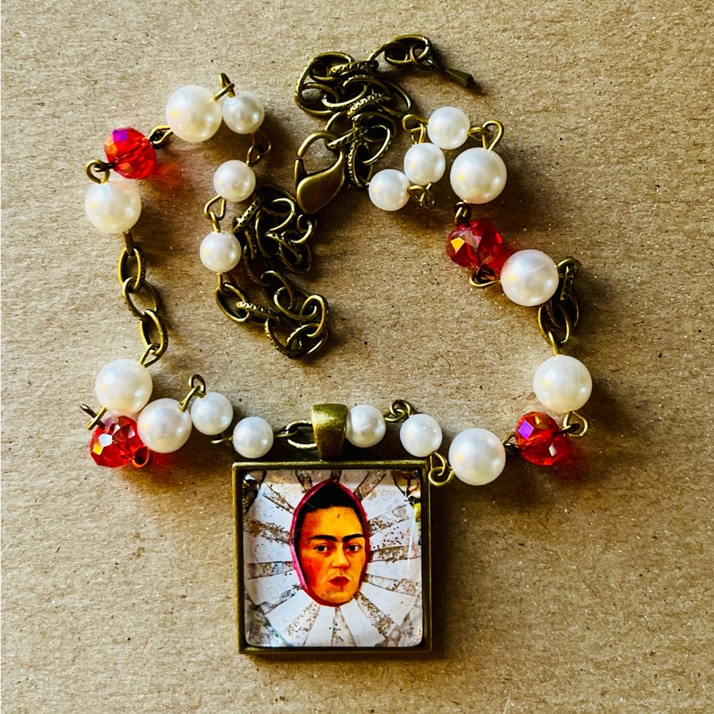 SOLD Frida Kahlo Art Pendant Necklace Vintage Beads - Picture 2 of 16